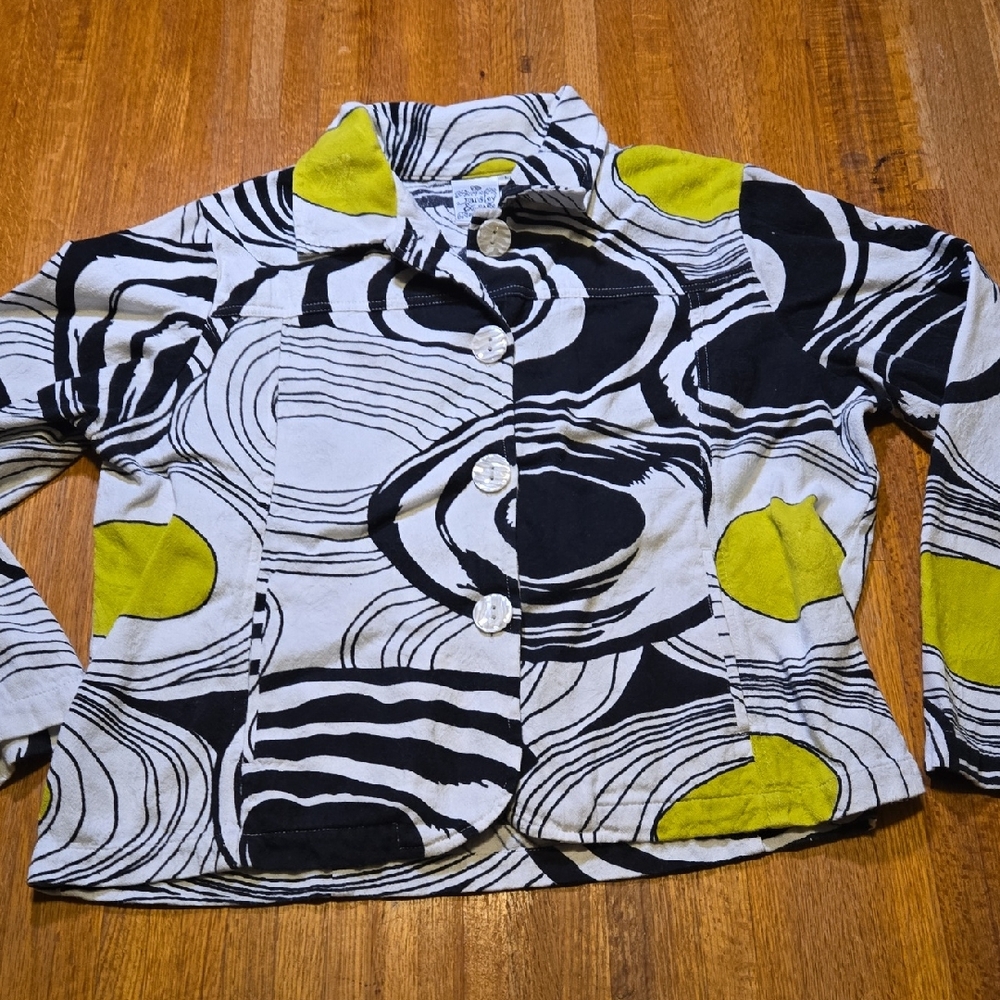 Parsley & Sage‎ Women Large Black White Lime Green Artsy Texture Button Blazer